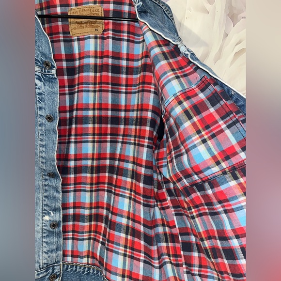 Vintage Levi’s 80s/90s Flannel Plaid Lined Denim Trucker Jacket Size Large - Picture 5 of 8